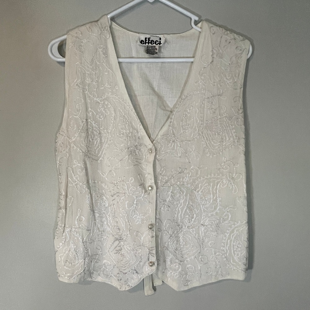 VTG Creazioni Effeci White Embroidered Sequin India Vest M Tie Back Artsy